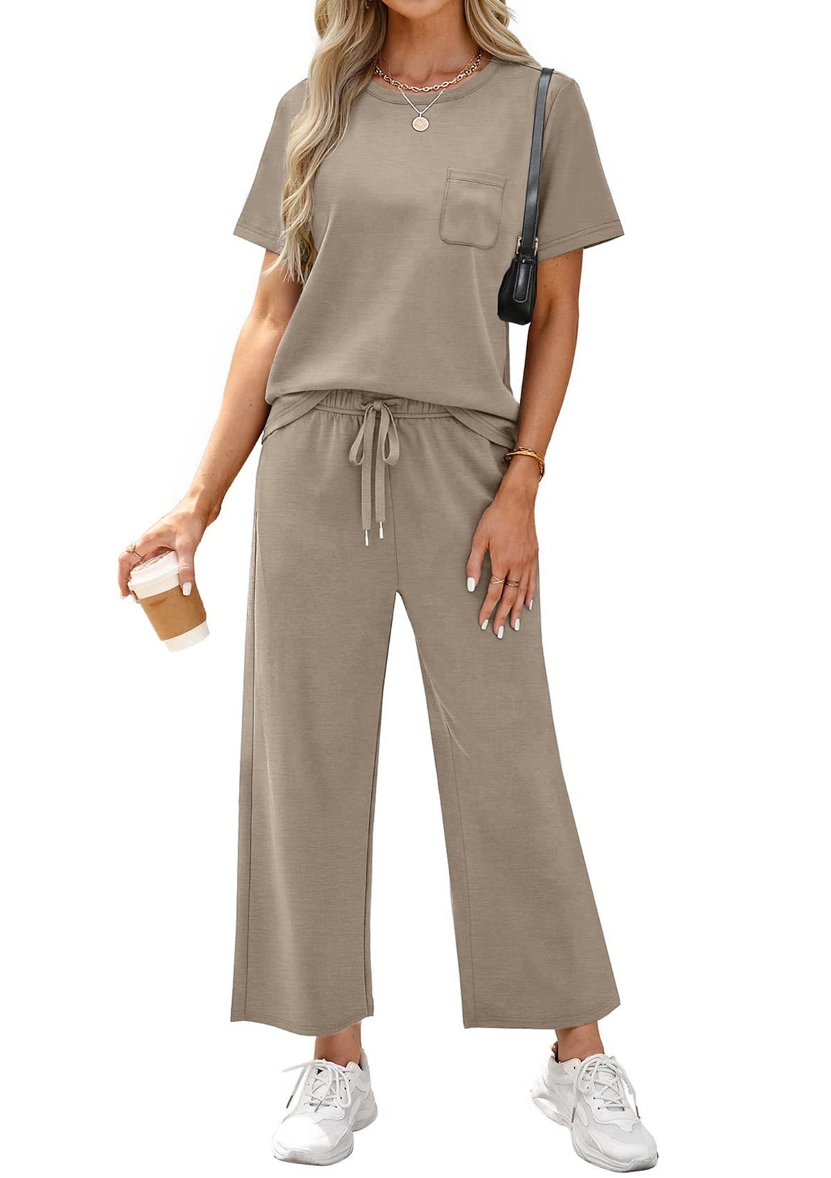 Fantaslook 2 Piece Sets for Women Casual Summer Travel Vacation Outfits Short Sleeve Tops Wide Leg Pants Lounge Sets