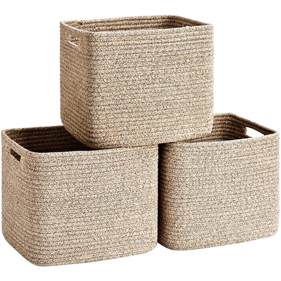 Natubeau 3 Pack Woven Storage Basket, 9"x9"x7" Cotton Rope Woven Baskets for Organizing, Cube Storage Bins for Shelves, Jute Color