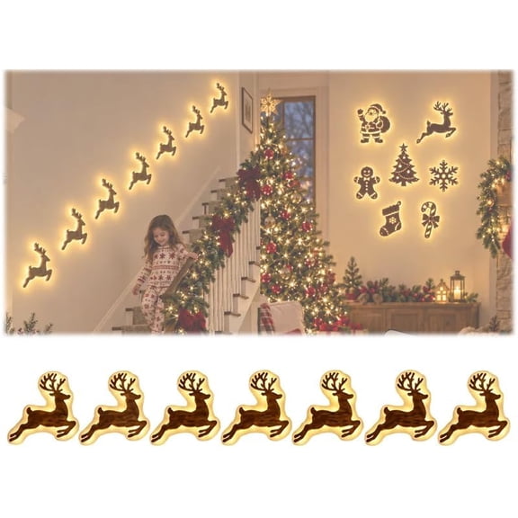 3D Light Up Wooden Reindeer Wall Decor 7Pcs,LED Christmas Silhouette Lights with Peel Stick Backing,Warm Glow Festive Holiday Home Decoration Gift Set