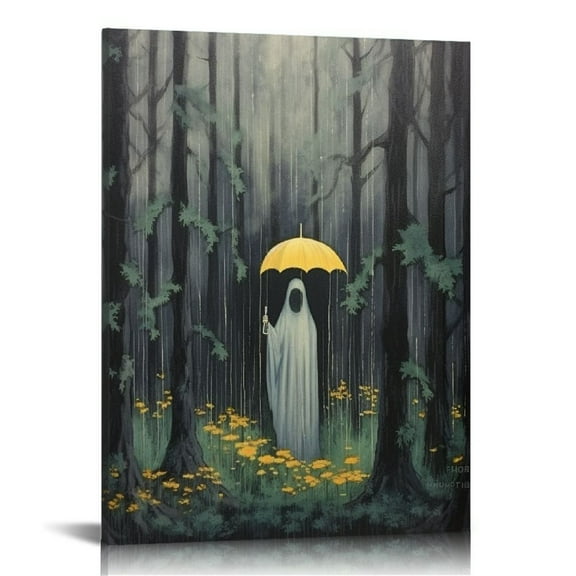 JRXY Halloween Wall Art Decor Spooky Ghost In the Forest Framed Canvas Print 16x20 Inches 12x16 in