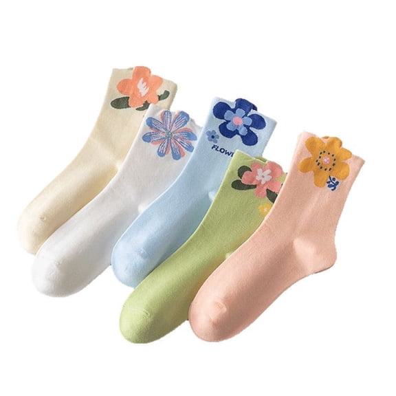 5 Pairs Cute Cotton Floral Socks for Women and Girls Novelty Athletic Crew Socks for Sports Daily Wear