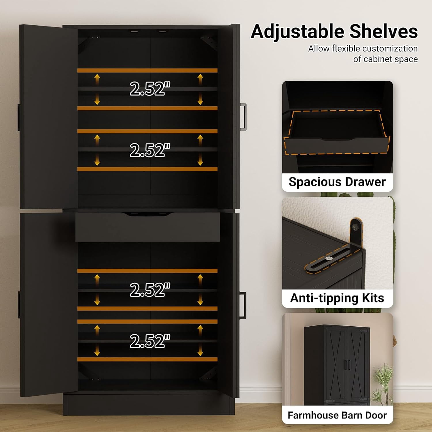 Homieasy 71'' Tall Farmhouse Pantry Cabinet 2 Piece Set, 6-Tier Pantry with Doors, Drawers & Adjustable Shelves, Black