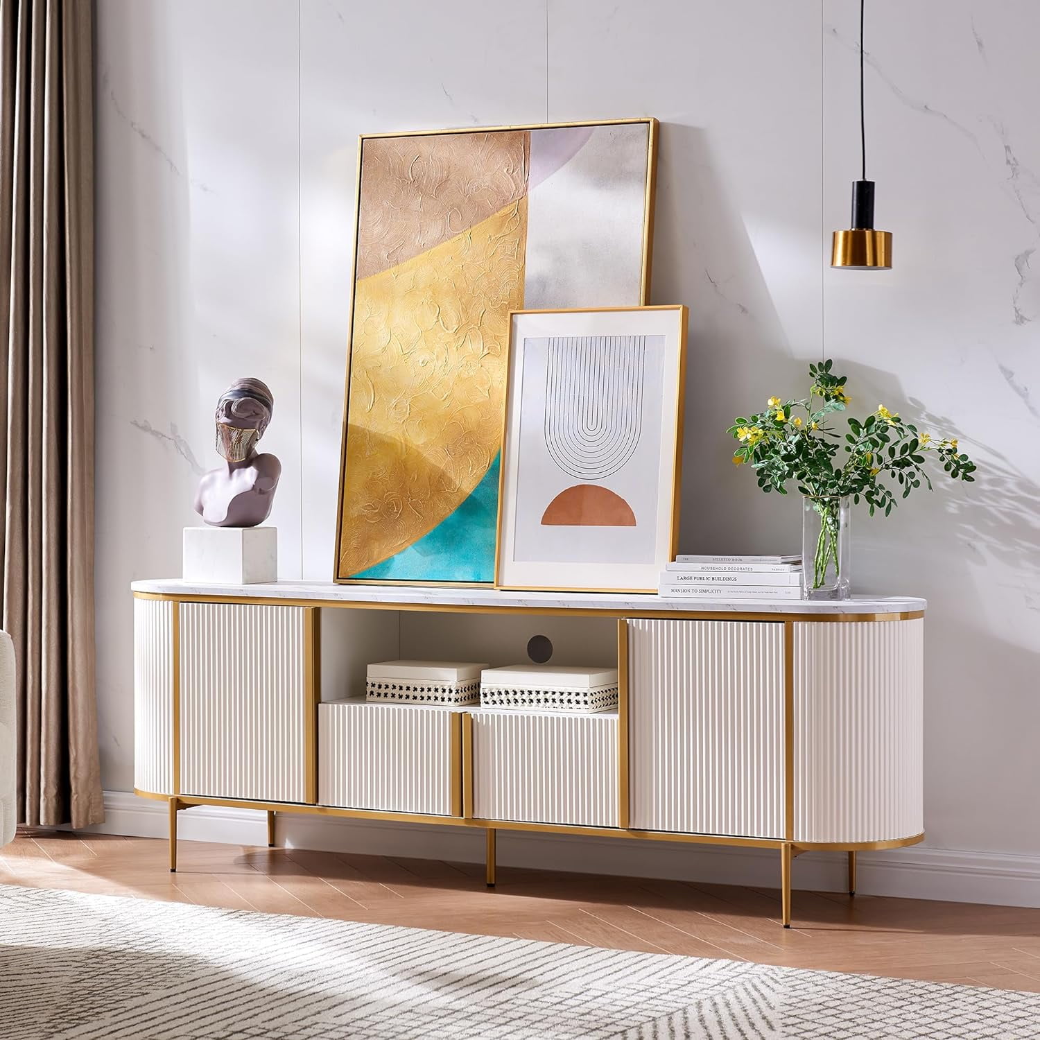 OKD 70" Modern Fluted TV Stand for TVs up to 80", Mid-Century Wooden Entertainment Center for Living Room, Off White