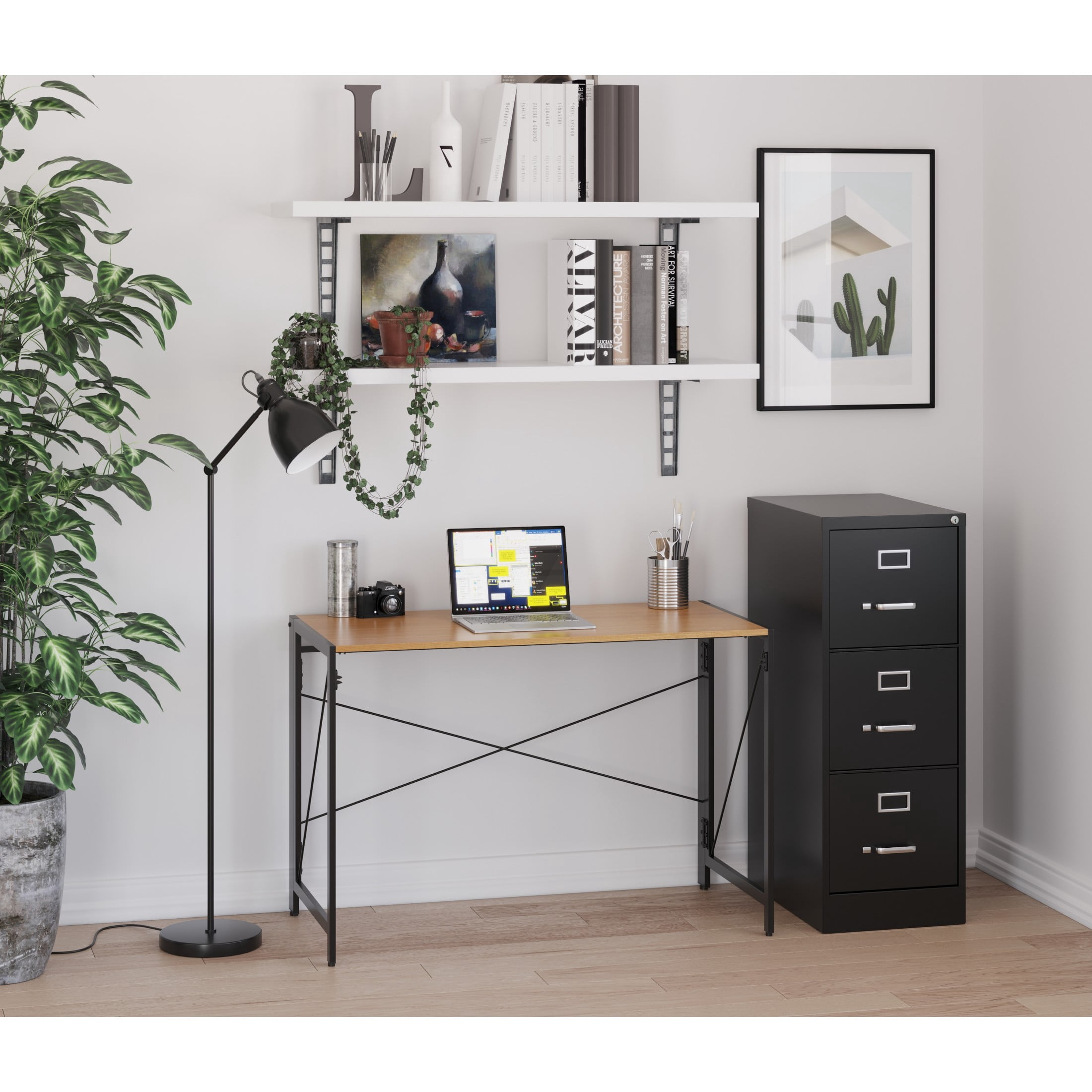 Space Solutions 43 inch Folding Home Office Desk for Home or Office, Black/Teak