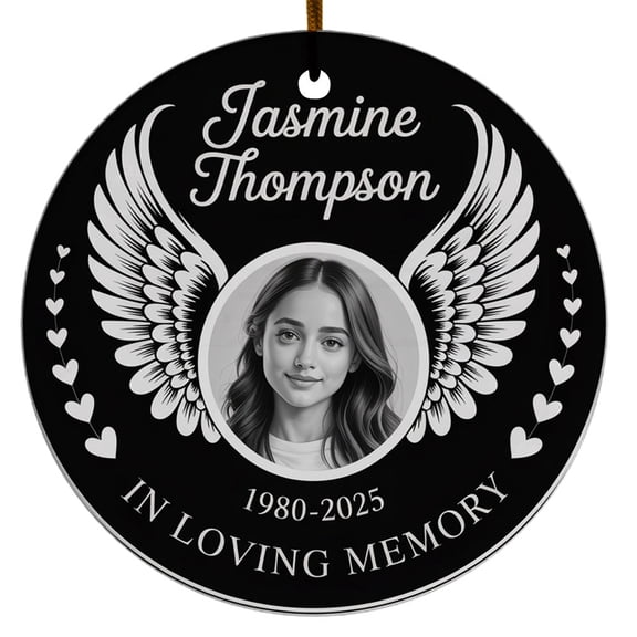 In Loving Memory Ceramic Christmas Ornament 2025, Angel Wings Picture Memorial Christmas Ornament Keepsake, Custom Name Text Photo Year Remembrance Christmas Ornament Gift