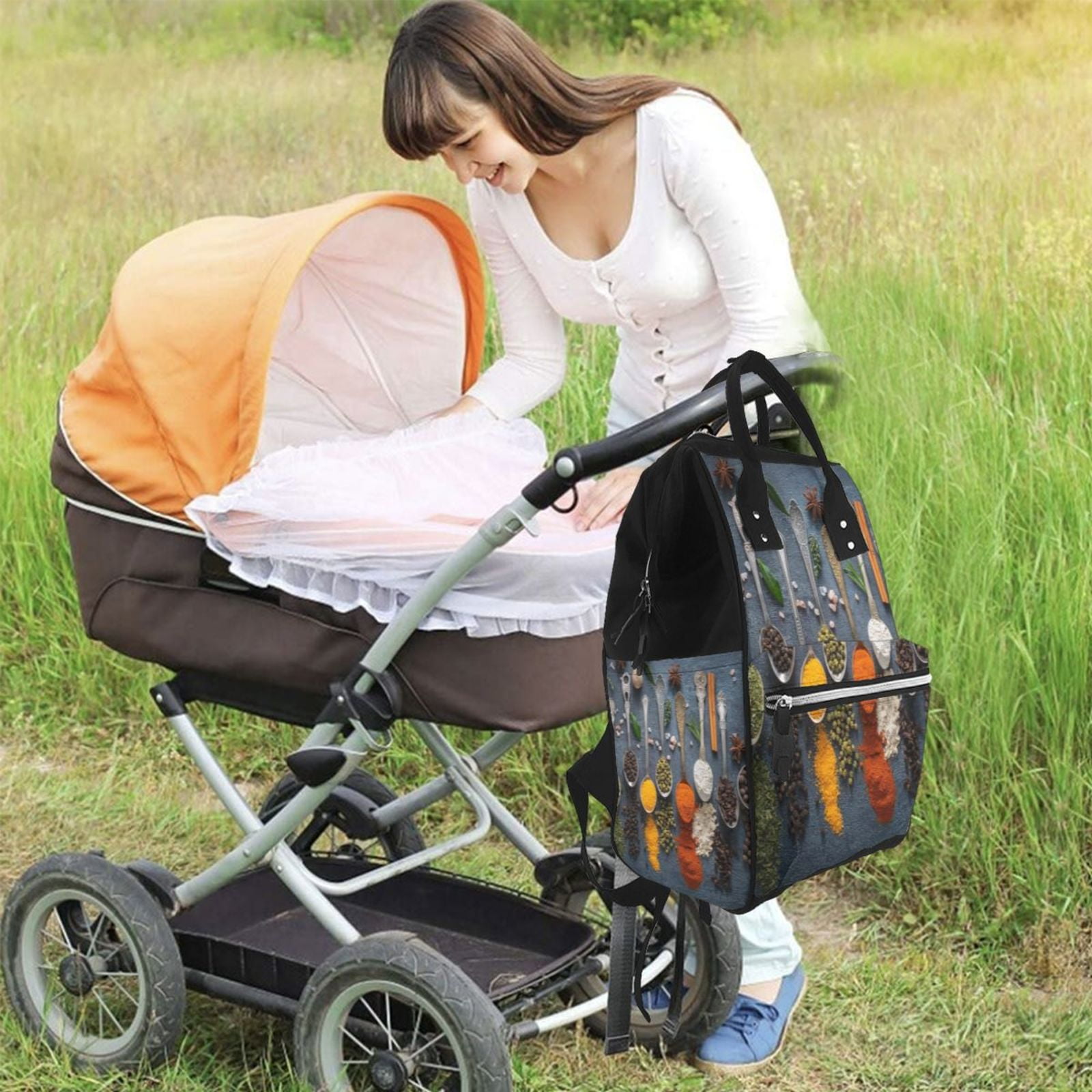 Ratiio Various Herbs And Spices In Spoons Mummy Backpack - Waterproof Twill Canvas, Large Capacity Diaper Bag with Multiple Pockets and Adjustable Straps