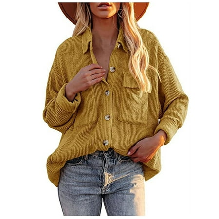 

JDEFEG Scrub Jacket Women Solid Color Pocket Top Shirt Corduroy Jacket Long Sleeve Button Top Shirt Casual Collared Tops Jacket Lined Jackets Women Polyester Yellow Xxxl