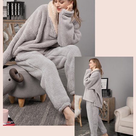 

Women s Winter Fluffy Pajama 2-Piece Button-Down Pajama Set for Workout Home Wearing M Gray