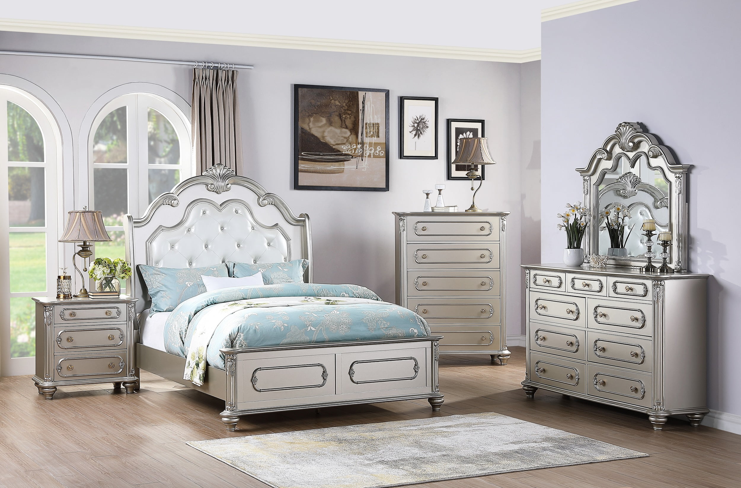 Traditional Formal 4pc Bedroom Set Eastern King Size Bed Dresser Mirror