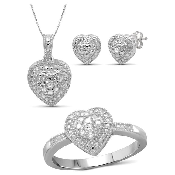 JewelersClub 3-Piece White Diamond Sterling Silver Earrings Set, Sterling Silver Necklace, Sterling Silver Rings – Heart Shaped Jewelry – Jewelry Sets for Women – Birthday Gifts