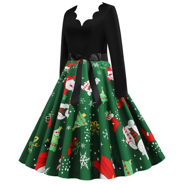Vestido de fiesta de noche de Navidad con cuello en V y manga larga con estampado vintage para mujer Pompotops hdfakjf7399