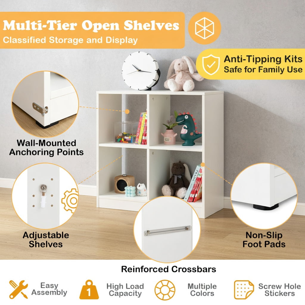 Spaco 4-Cube Kids Bookcase with Open Shelves-White, Toy Organizer for Kids, Boys, Girls, Nursery