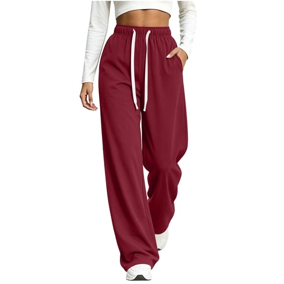 Dnhxils Womens Wide Leg Sweatpants with Pockets Casual Drawstring Pants Loose Trousers for Ladies Fall Fashion Outfits Red L
