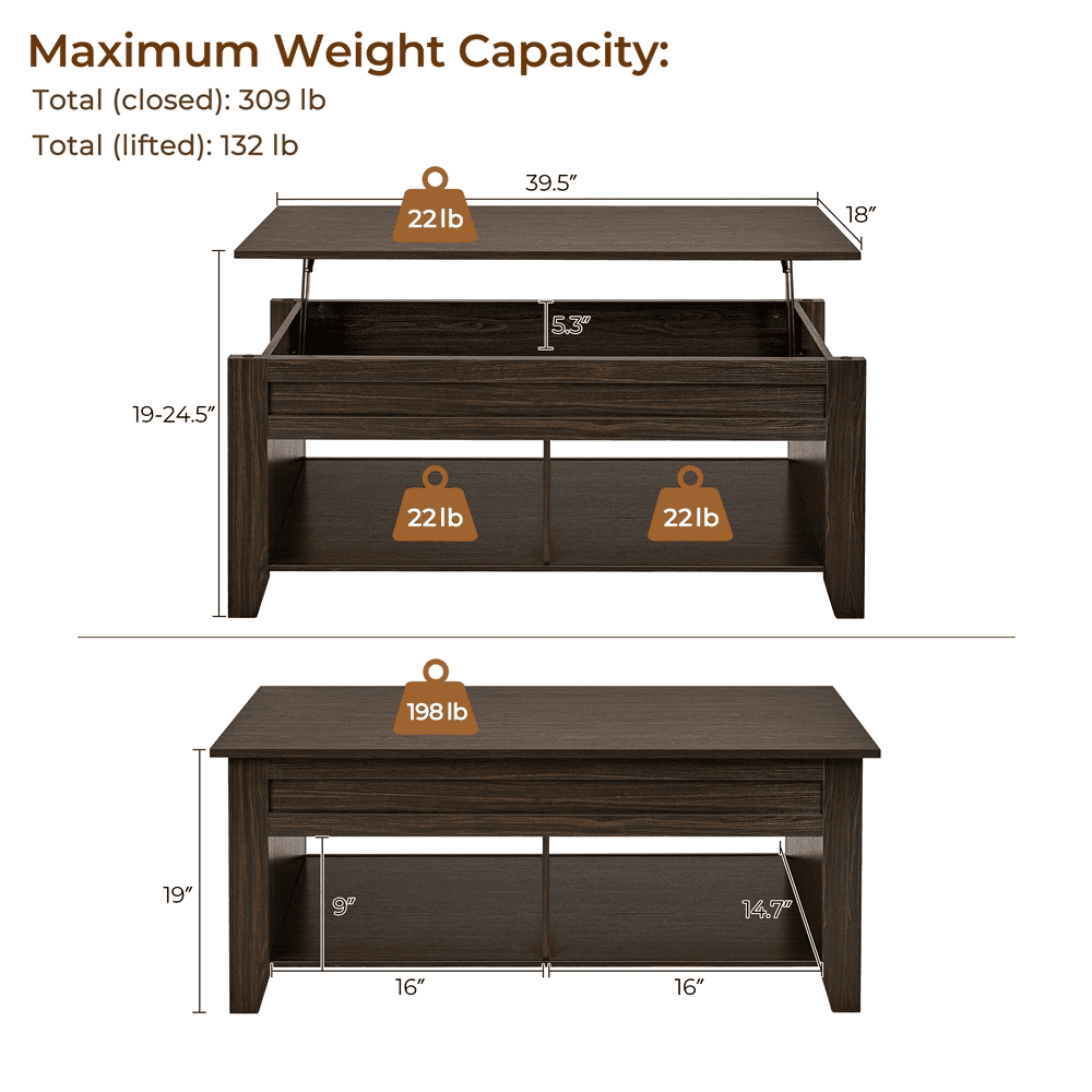 Yaheetech 39.5in Lift Top Coffee Table w/Storage & 2 Open Shelves for Living Room,Espresso