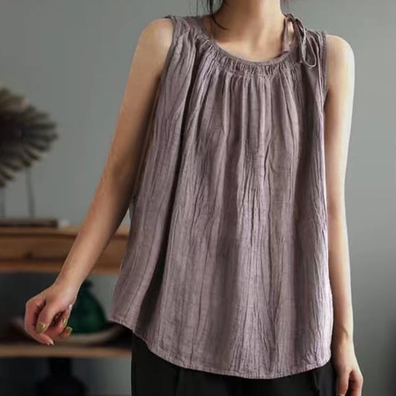 tarylea Womens Tank Tops Sleeveless Crew Neck Pleated T-Shirts Casual Loose Summer Lightweight Breathable Tops