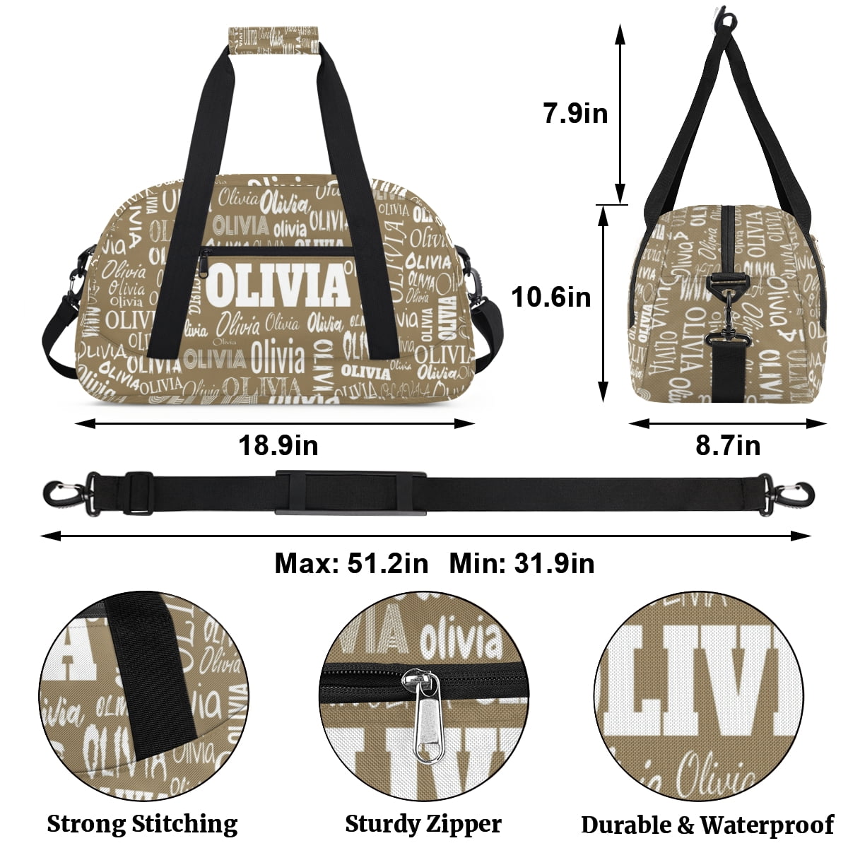 Personalized Gym Bag for Girls Custom Dance Bag Overnight Swimming Sports Bag Light Khaki