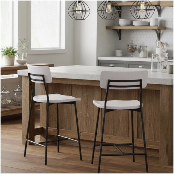Modern Farmhouse Counter Stool, White Washed Wood & Black Metal with Adjustable Footrest