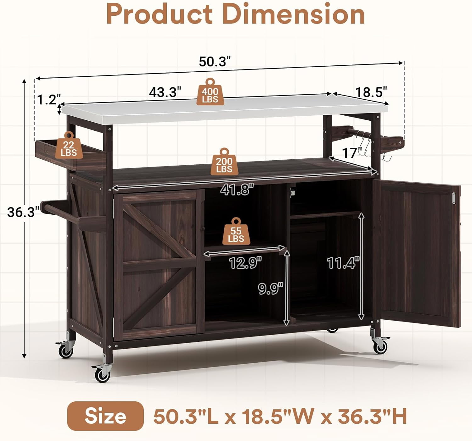 ZIVACATE Outdoor Grill Cart With Storage Solid Wood Kitchen Island on Wheel Stainless Steel Tabletop