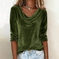 thumbnail image 6 of Ladies Velvet Elegant Drape Front Pleated Collar Three Quarter Sleeve Shirt Blouse Top Loose Fit Holiday Party Cocktail Christmas Festive Gift for Women | CSEONE,Army Green L, 6 of 9
