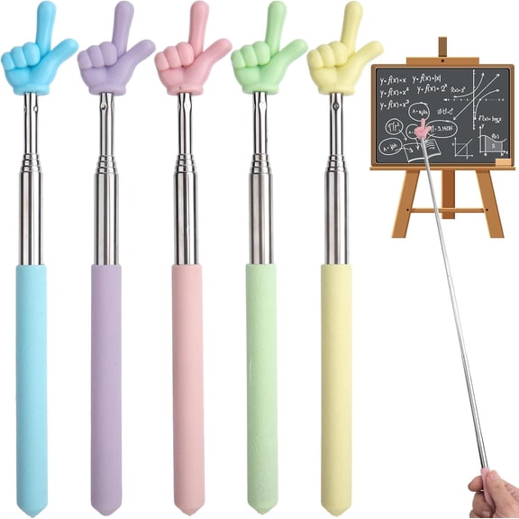 5 Pcs Retractable Teacher Pointer Sticks, 5 Colors Hand Pointer Stick, Student Finger Pointing Sticks, Extendable School Supplies for Reading, Classroom (Blue+Purple+Yellow+Green+Pink, Finger)