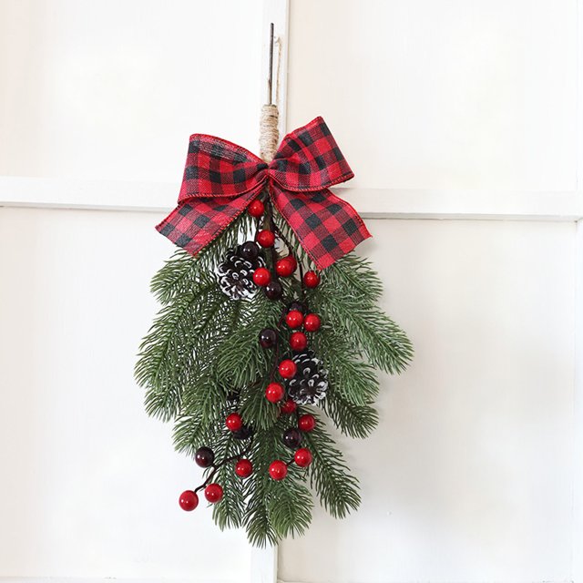 Hangs Greenery Cedar Teardrop Wreath With Velvet Ribbon Bow For Outdoor Front Door Farmhouse Home Wall Mantle Decoration
