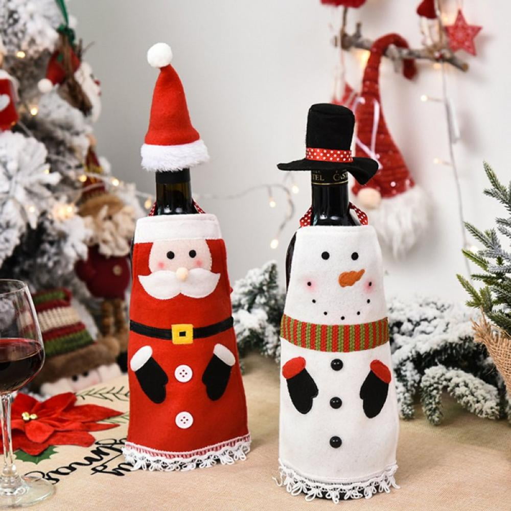 Red & Green 2 Pack Christmas Wine Bottle Covers Santa Claus Snowman Wine Bottle Bag Covers Vintage Wine Bottle Decoration Bags Christmas Table Decor 