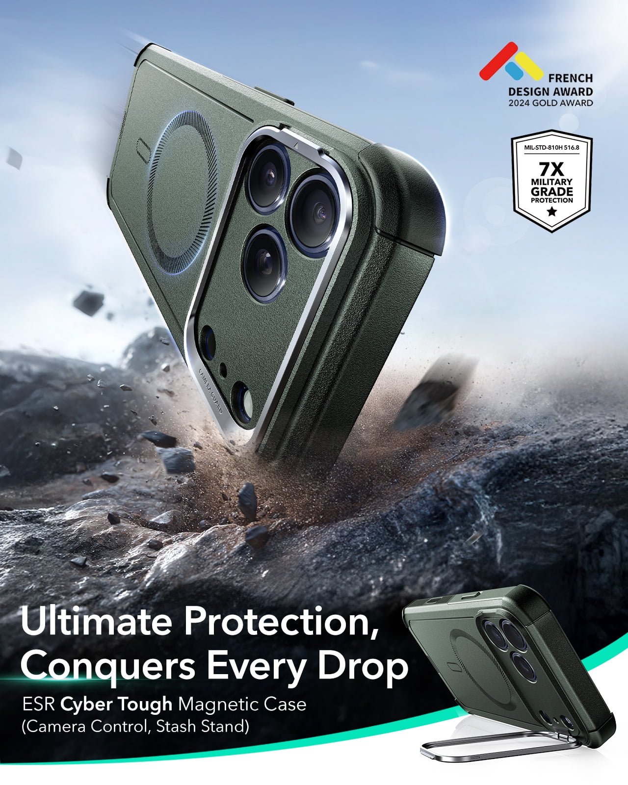 ESR Case with Stash Stand Compatible with iPhone 17 Pro Max, 7X Military-Grade Drop Protection & Camera Control, MagSafe Compatible Shock-Absorbing, Olive Green