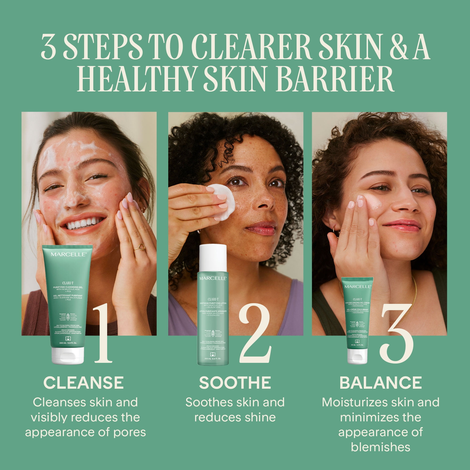 Marcelle Clari-T Gel nettoyant purifiant avec 1 % d'acide salicylique + PCA, 200mL Clarifiant. Exfoliant. Nourrissant.