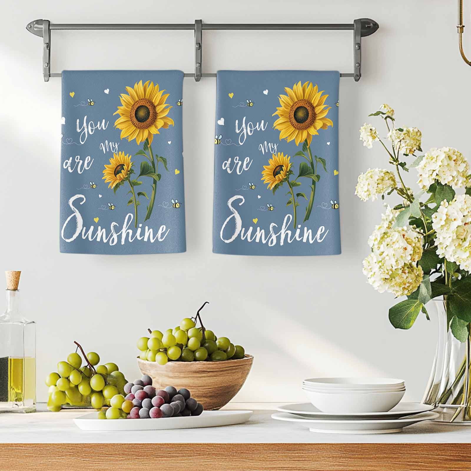 Dish Towels, You Are My Sunshine Absorbent Kitchen Towels 2 PCS, Bee Heart Floral Haze Blue Microfiber Hand Towels Dish Cloths Tea Towels for Home&nbsp;Bathroom Cleaning Drying,18X28-Inch,