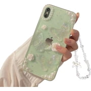 Compatible with iPhone X/XS 3D Butterfly Floral Clear with Design Aesthetic Women Teen Girls Glitter Pretty Crystal Sparkle Sparkly Cute Girly Phone Cases Protective Cover+Chain-Clear