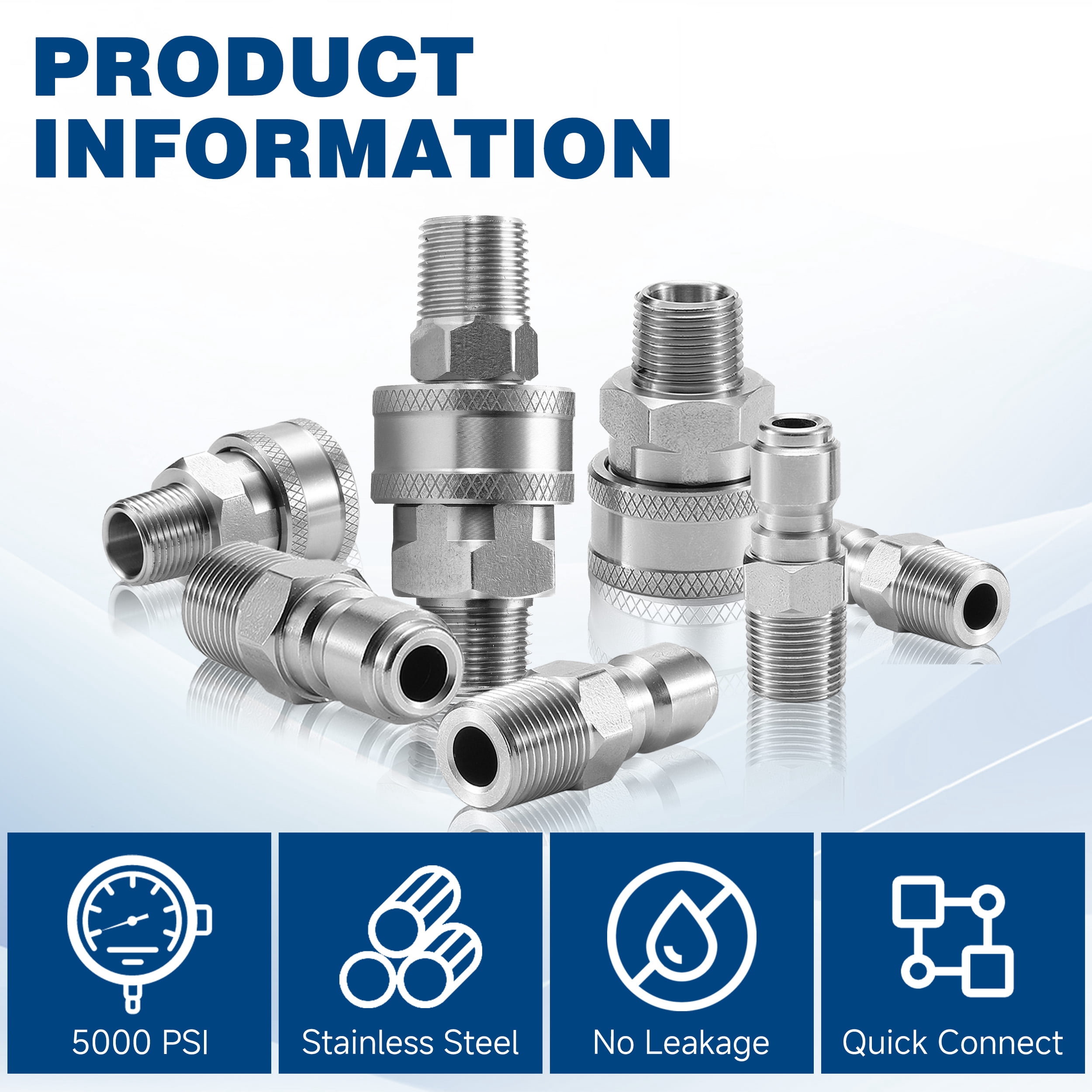 3/8 Inch NPT Pressure Washer Couplers, 12-Piece Stainless Steel External Thread Quick Connector Kit - 3/8" NPT Male Thread Quick Connect Hose Fittings, 5000 PSI
