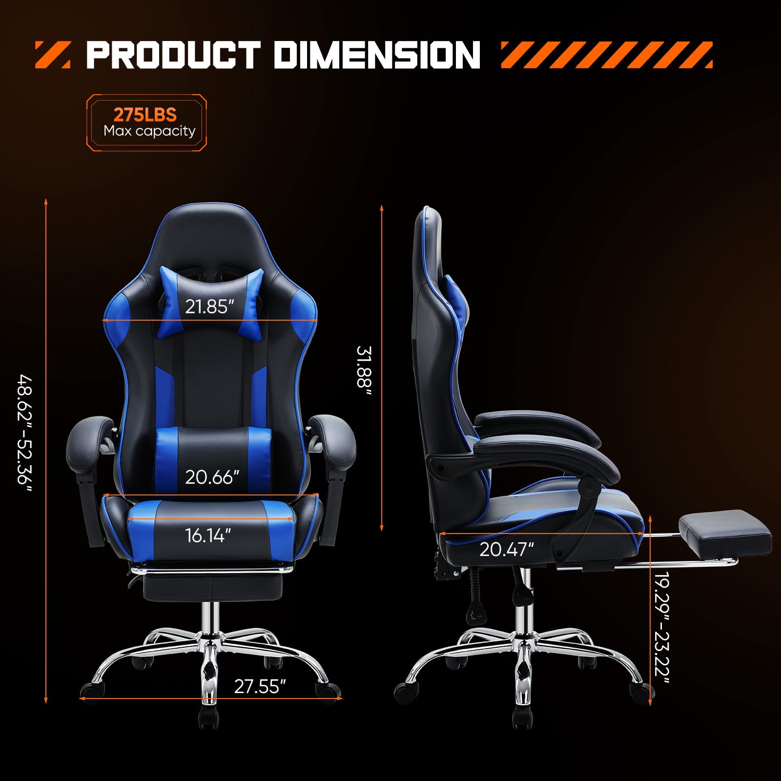 Easy4Home Gaming Chair with Sofa Spring Cushion, Ergonomic Office Chair with Lumbar Support and Footrest, High Back Computer Game Chair for Adults, Black&Blue