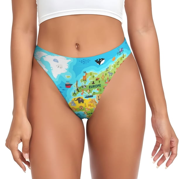 Balery World Map With Animals Landmarks Tangas de Algodón para Mujer con Estampado – Ropa Interior Sexy, Transpirable, G-string-X-Small