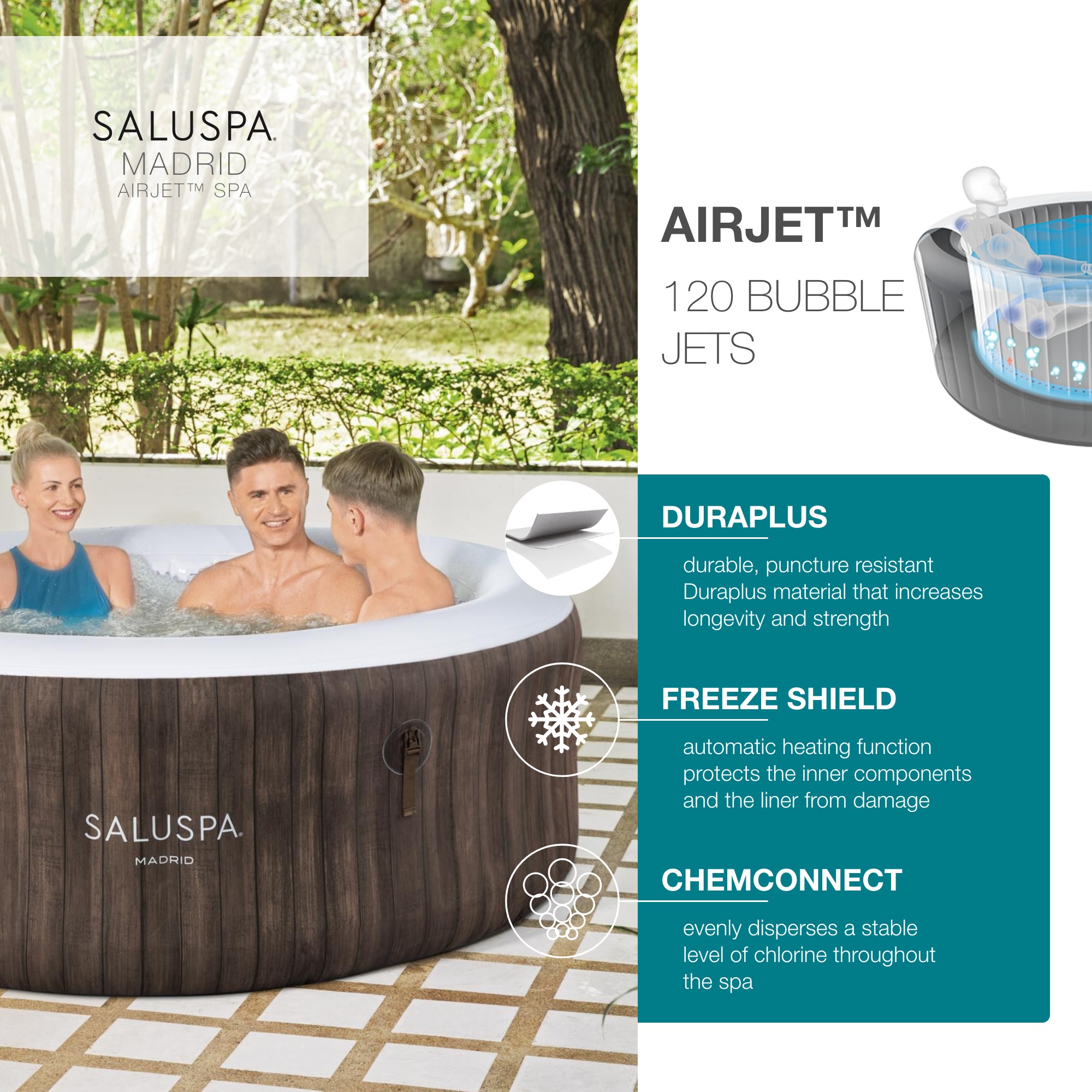 Bestway SaluSpa 71 in. x 26 in. Madrid 177 Gal Inflatable Hot Tub, 104˚F Max Temperature - image 7 of 9