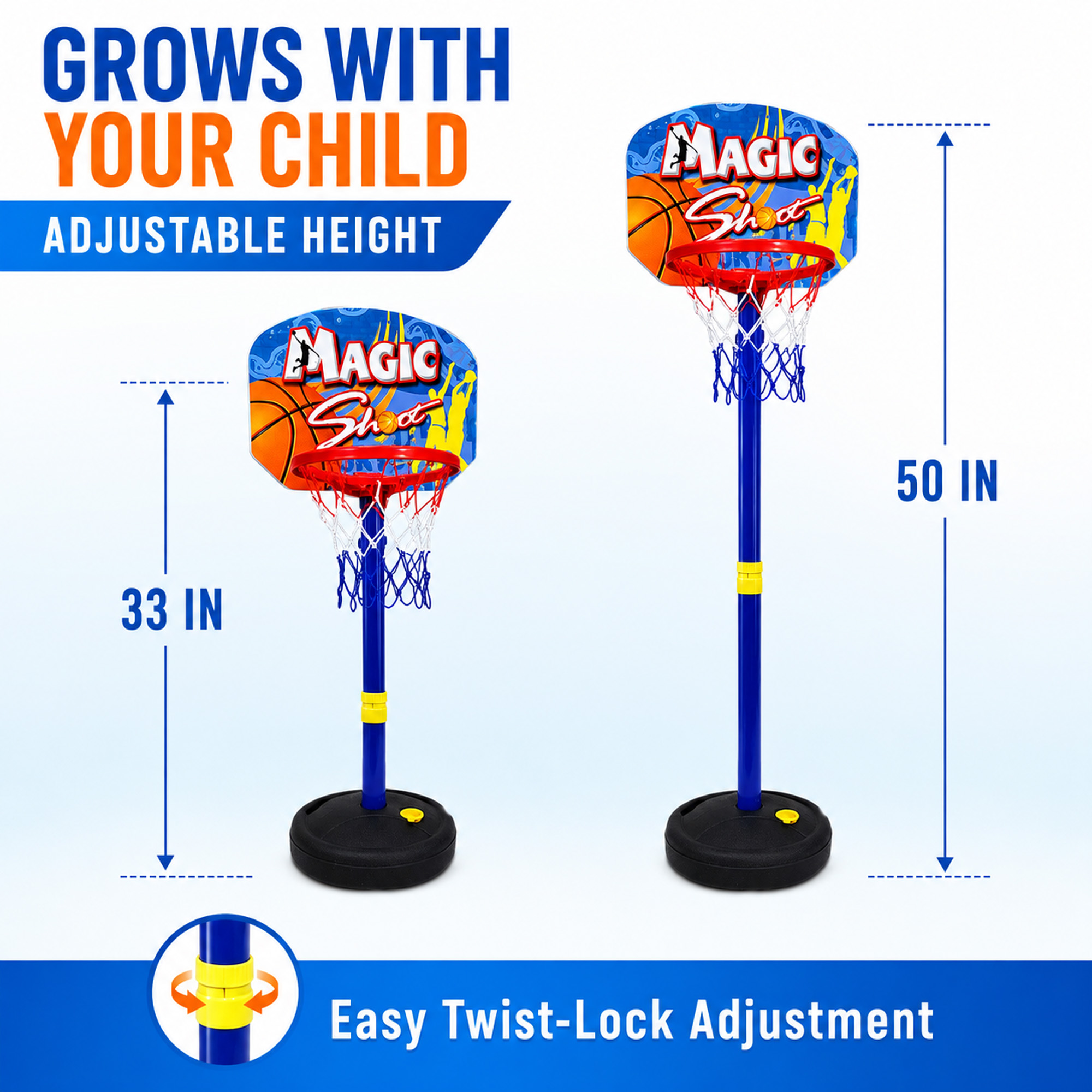 Blue Block Factory Adjustable Toddler Basketball Hoop, 33–50 in Indoor Outdoor Kids Basketball Set with Ball, Pump and Fillable Base, Ages 3+