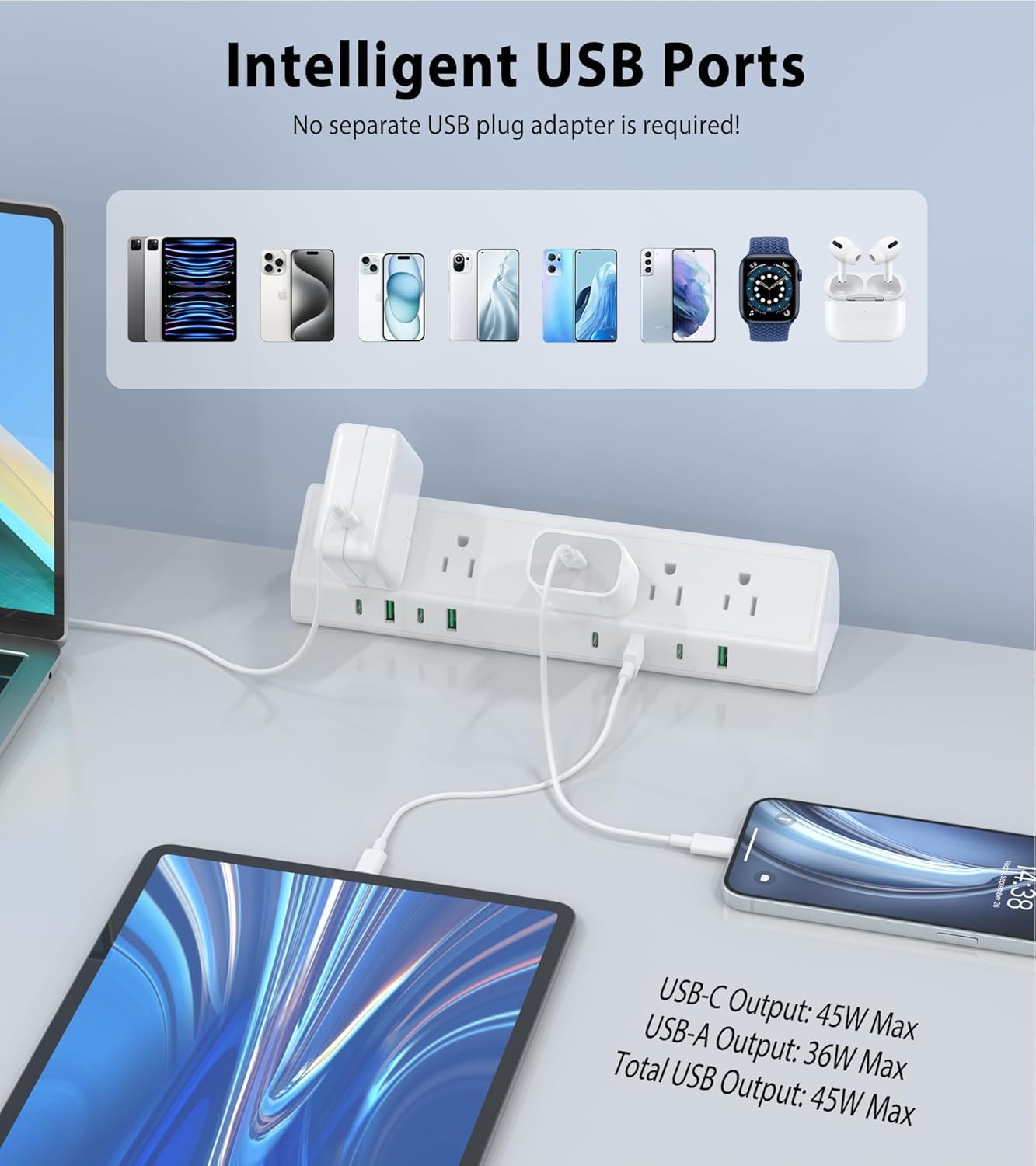 45W Fast Charging Station Desk Clamp Power Strip with 4 USB-C & 4 USB-A Ports, Surge Protector, 1875W Extension Cord, 6 FT, ETL Listed for Home Office Dorm, White