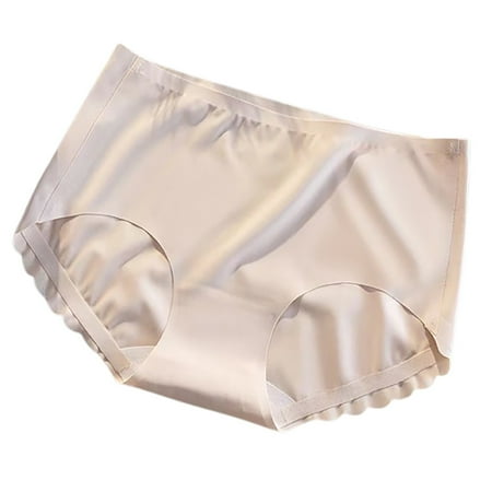 Hamky Womens Underwear Cotton Underwear Women s Solid Color Ice Silk Mid Waist Lightweight Breathable Crotch Pure Cotton Briefs Seamless Underwear Hipster Panties Beige L