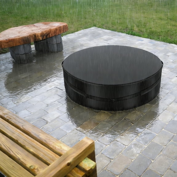 Fire Pit Cover Round Tear Resistant Oxford Fabric Waterproof Cover with Adjustable Buckle Strap for Dia 51 x H 8 Inch Round Built in Stone Fire Pit Against Rain Hail Sun Leaf and Bird Dropping