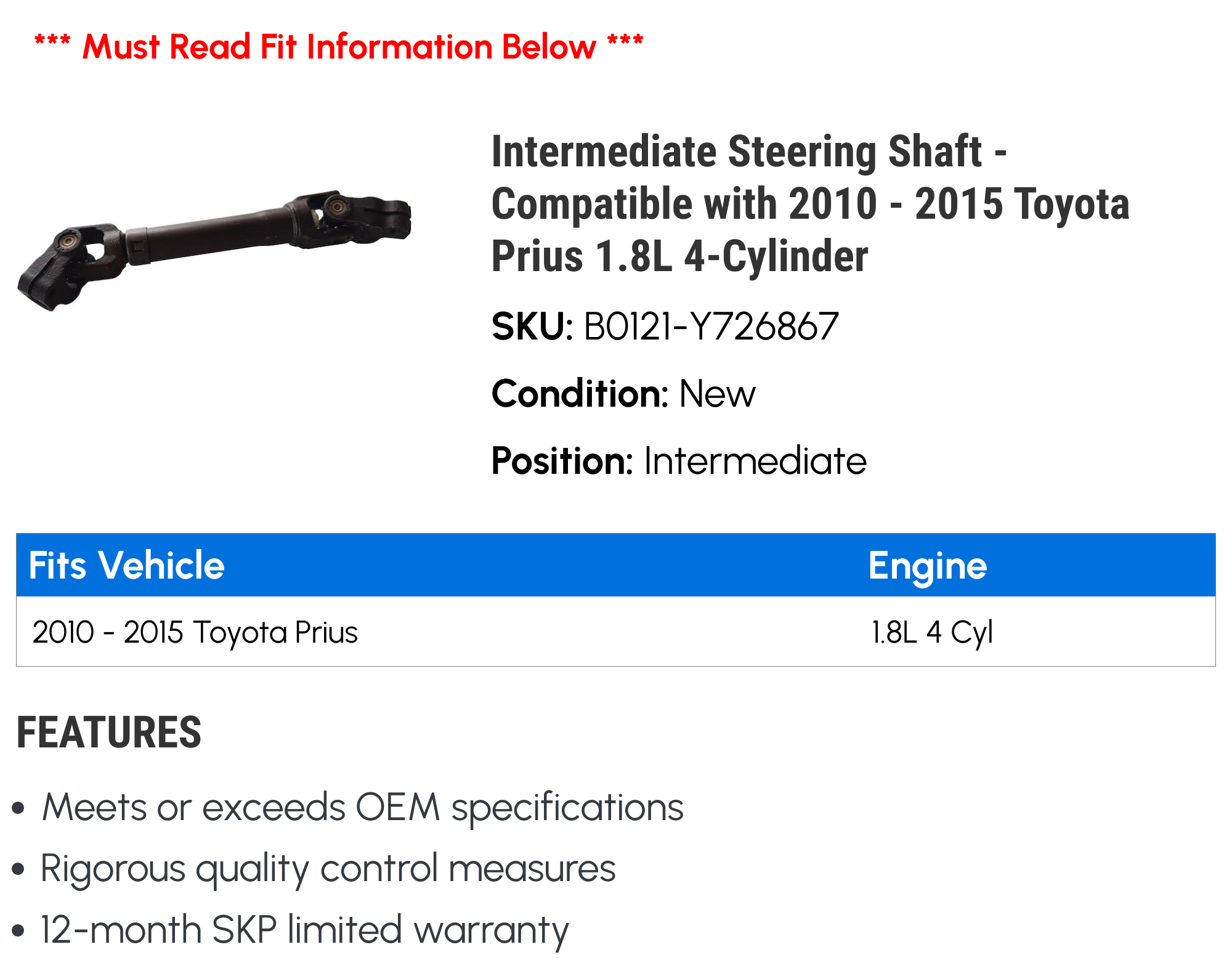Toyota Prius 2010-2015 Genuine OEM Intermediate Steering Shaft (45260-12710) – Direct Fit, Japan Quality
