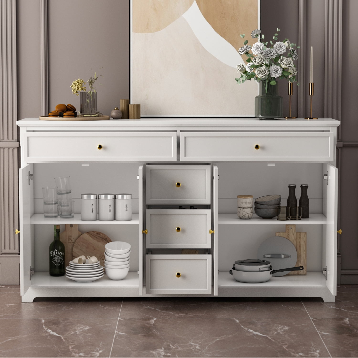 Timechee Kitchen Storage White Buffet Server Cupboard, Floor