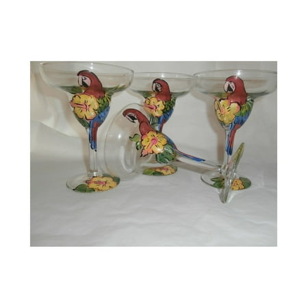 

Hand painted red parrot yellow hibiscus margaritas. Set of 4. 10 ounce margarita glasses. Made in the usa.