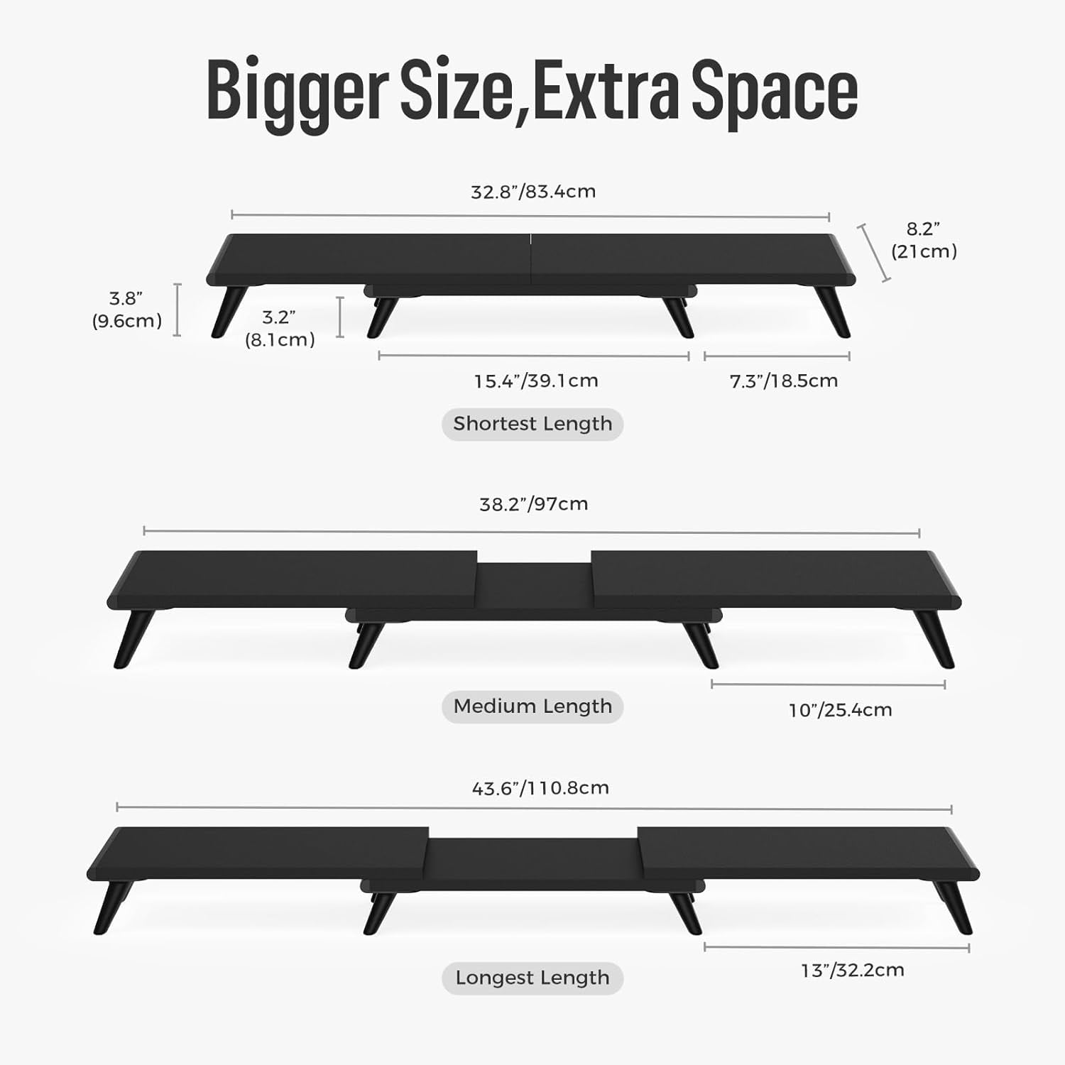 Dual Monitor Stand Riser for Desk, 43.6"*8.2"*3.2" Large Computer Stand for 2 Monitors, Laptop, Printer, Length and Angle Adjustable Computer Shelf, Home Office,Max 43.6" Length(Black)