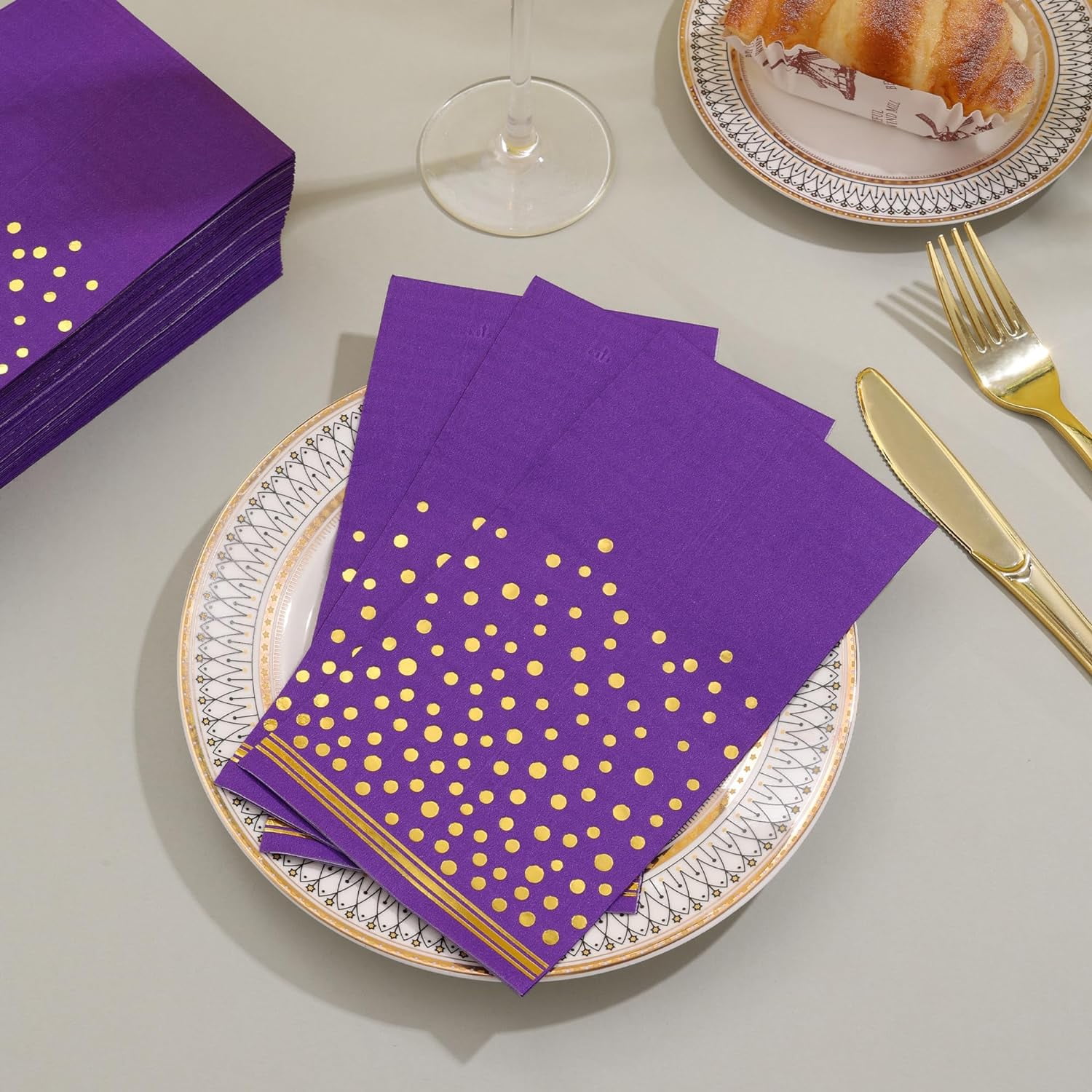 100 Pcs Purple Paper Napkins Disposable - Purple Gold Dot Dinner Party Napkins for Bathroom Wedding Anniversary Birthday Mardi Gras Party Supplies