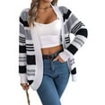 thumbnail image 3 of Women'S Color Block Striped Cardigan Sweater Casual Fall Winter Open Front Knit Cardigan Sweaters with Pockets Grey M, 3 of 9