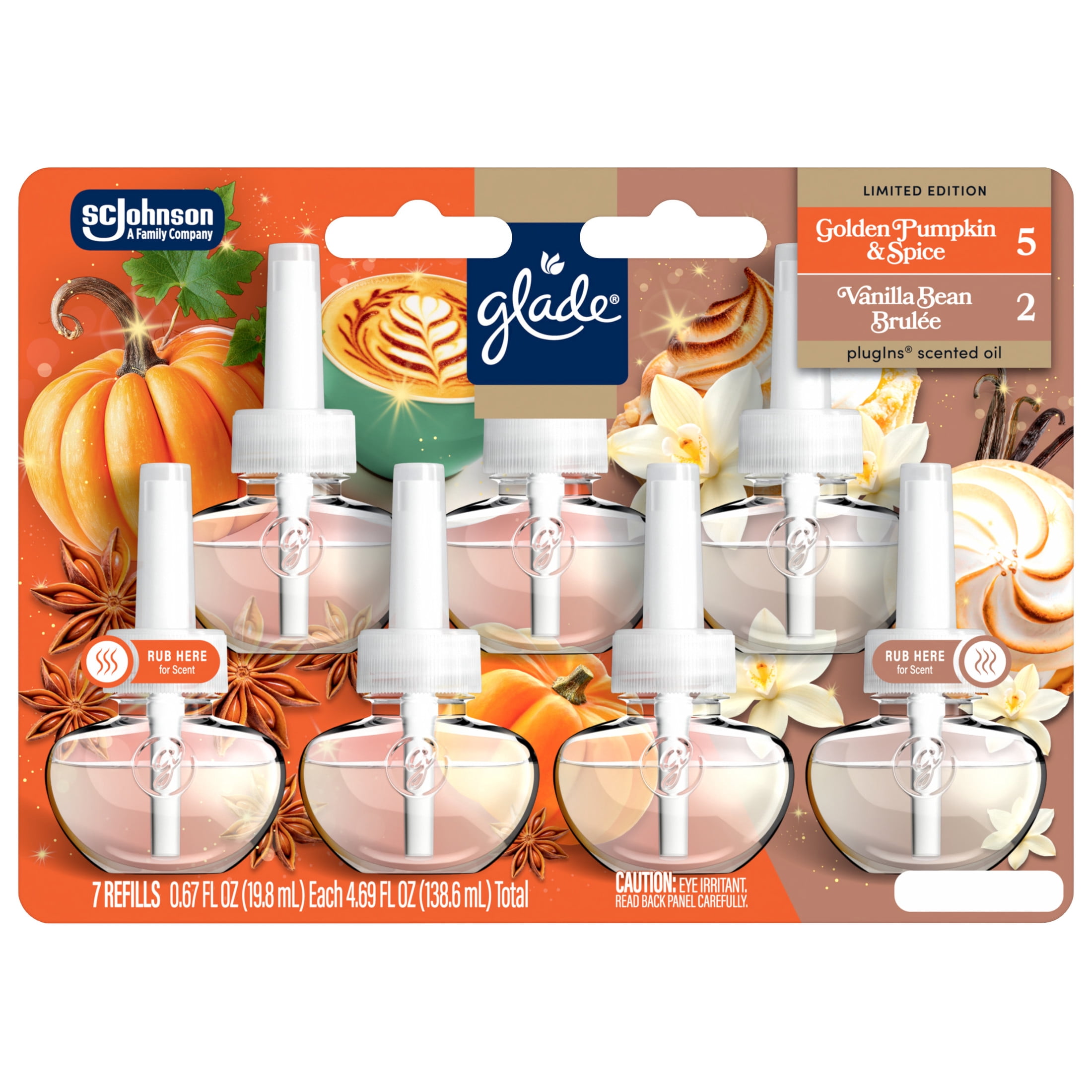 Glade® PlugIns® Refills Air Freshener, Golden Pumpkin & Spice and Vanilla Bean Brulee, 4.69oz., 7 count