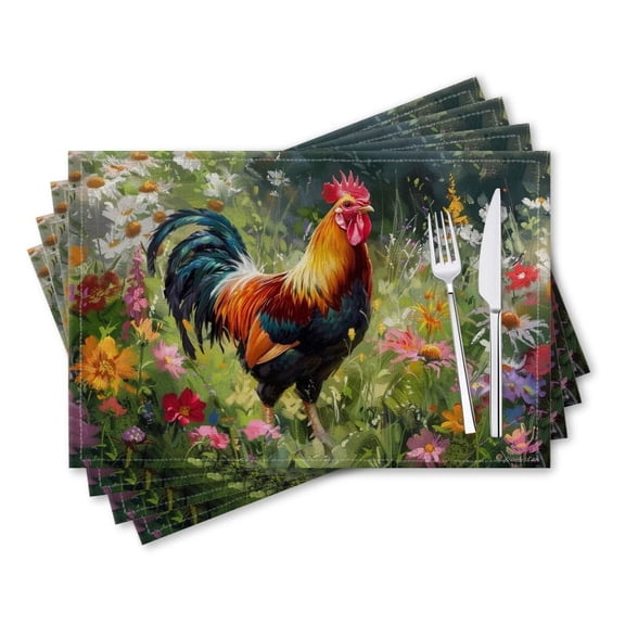 BaHomeck placemats Set of 4 rectangle Linen Cotton Placemats for Dining Table Washable Heat Resistant,18*12inch,Vibrant Rooster Stands Amidst Blooming Wildflowers