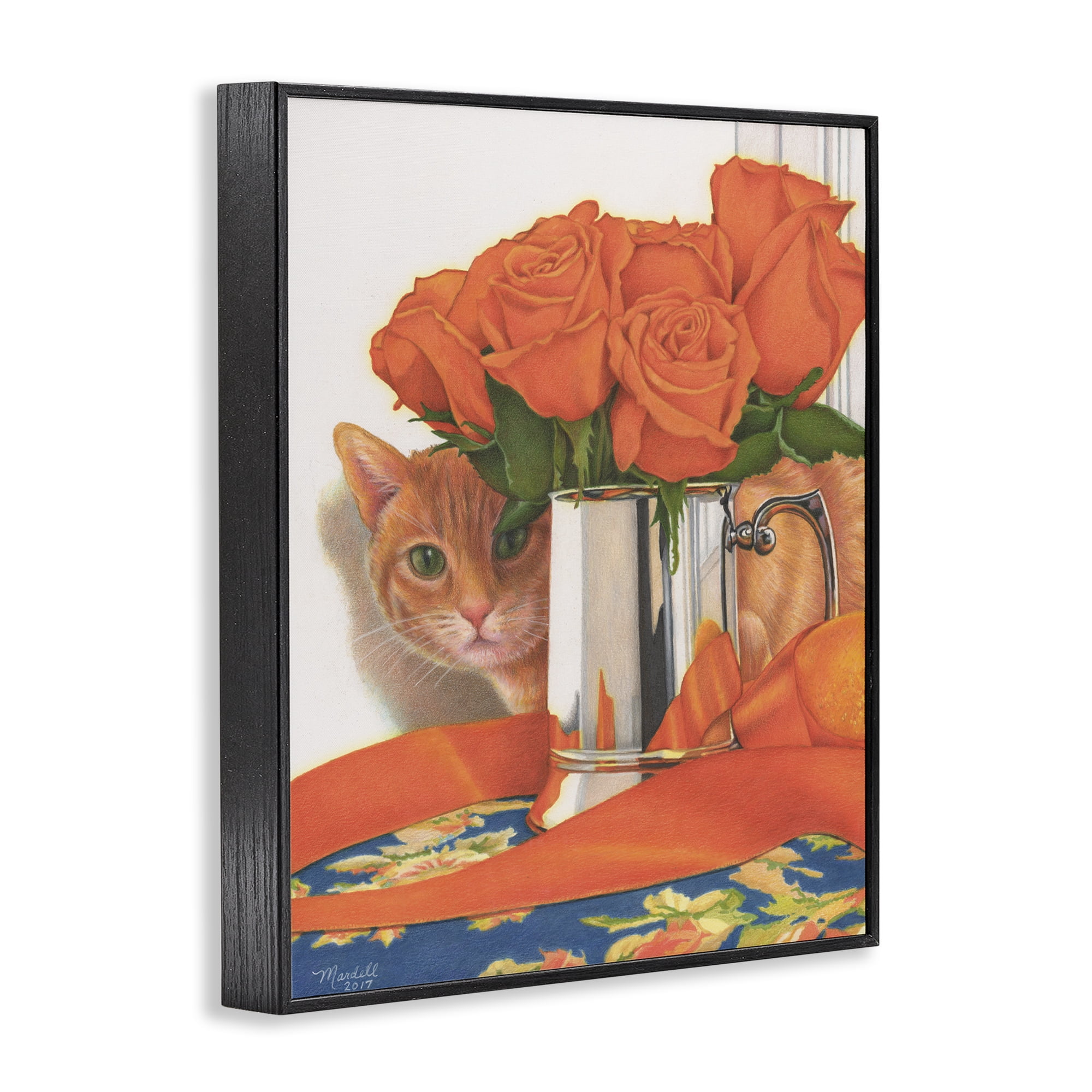 Stupell Industries Cat Peeking Rose Bouquet Animals & Insects Painting Black Framed Art Print Wall Art, 11 x 14