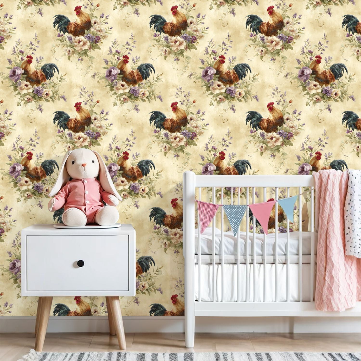 Peel and Stick Wallpaper 23.6in x 9.8ft Vintage Rooster Wildflower Country Pale Yellow Farmhouse Contact Paper Vinyl Waterproof Self Adhesive Wall Paper for Bedroom Shelf Cabinet Renter Friendly