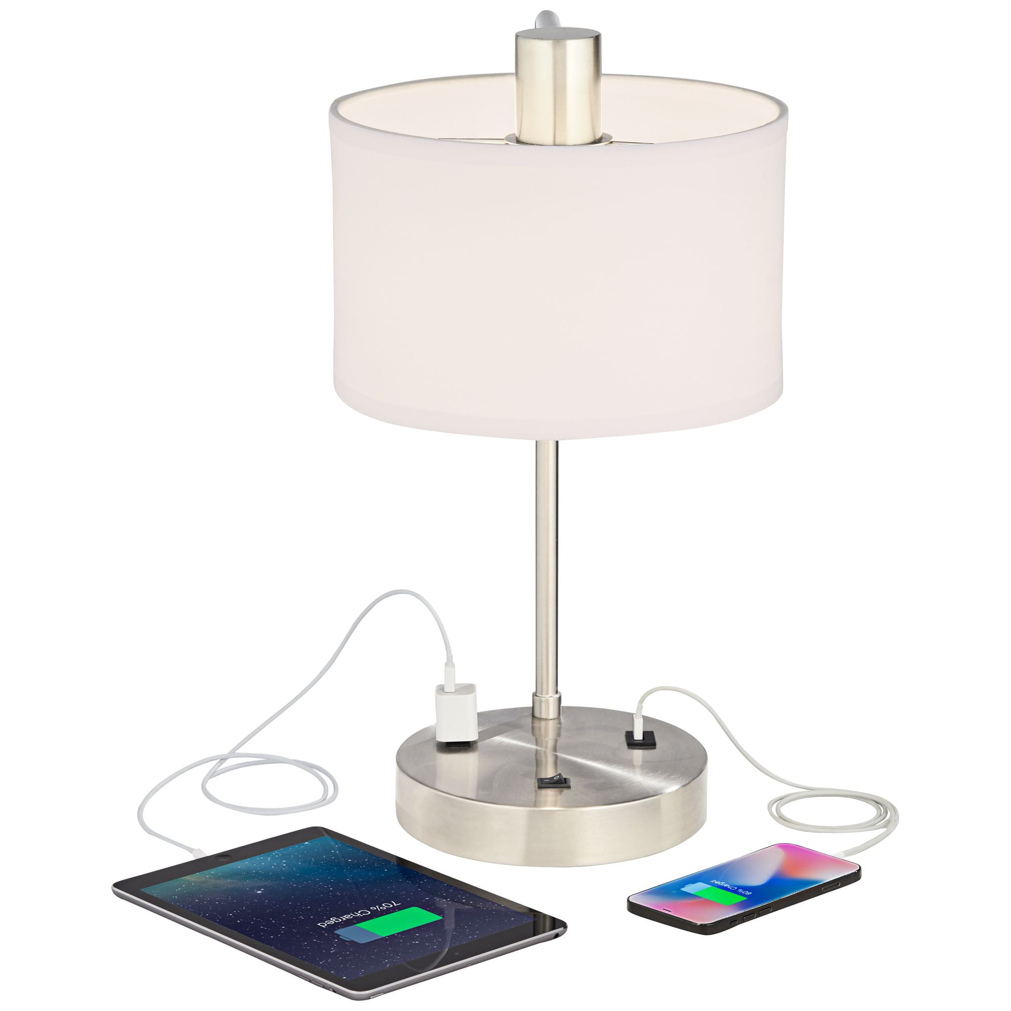 360 Lighting Colby Modern Desk Lamp 21" High Brushed Nickel with USB and AC Power Outlet in Base White Linen Drum Shade for Bedroom Living Room Office