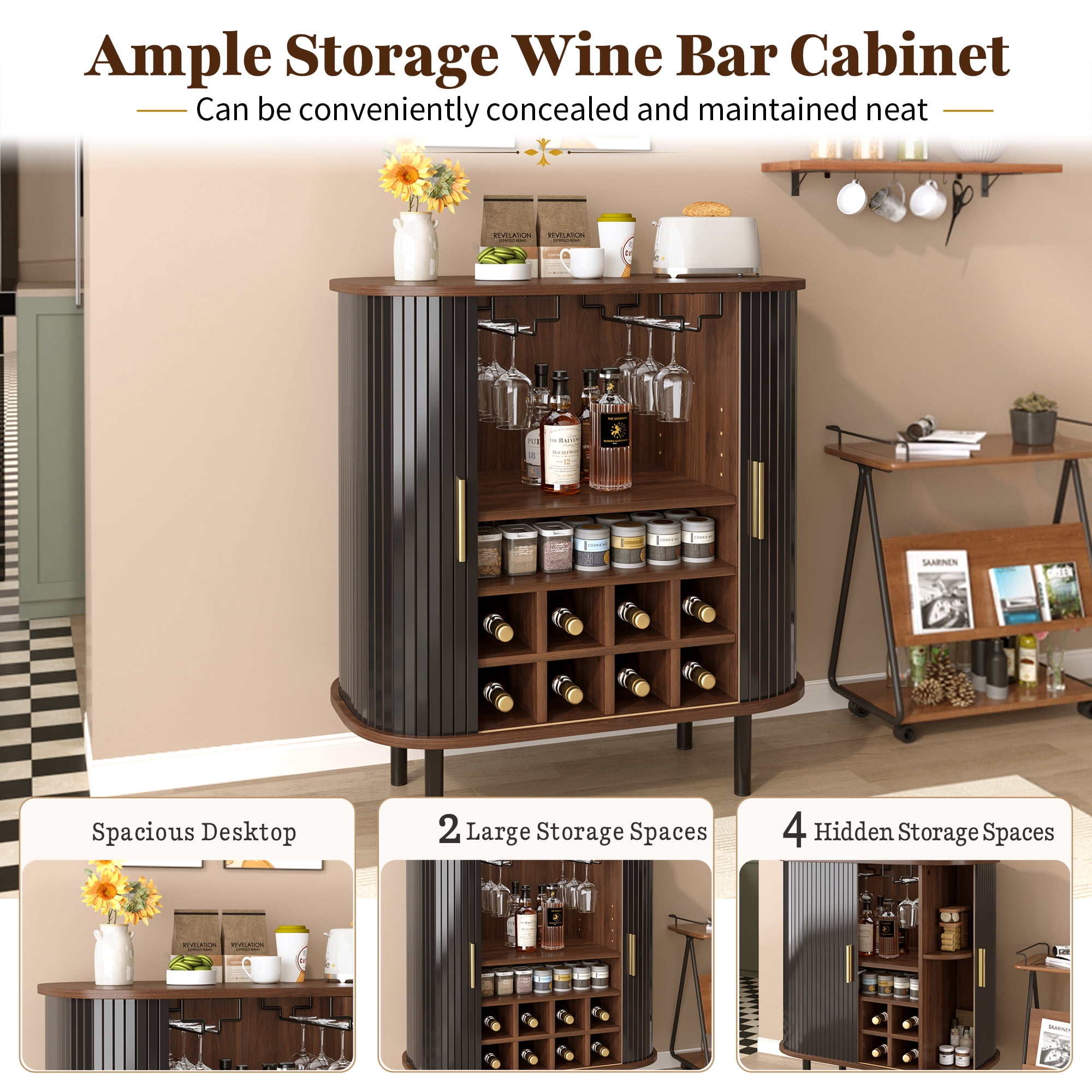 Euroco 28" Wine Bar Cabinet, Standing Liquor Cabinet with 8 Wine Racks,2 Glass Holders,Sliding Doors & Side Hidden Storage Space,Coffee Bar Cabinet with Adjustable Shelves for Kitchen Dining Room